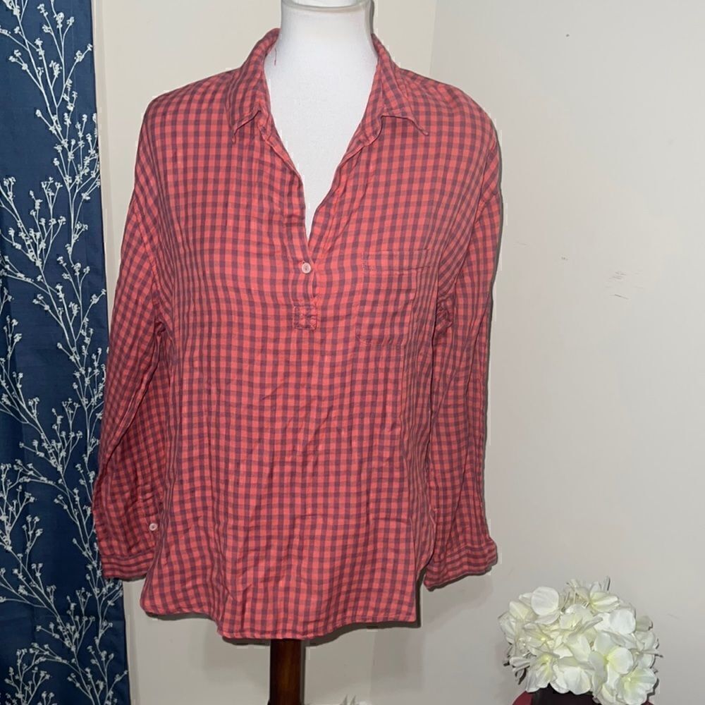 Sundry Gingham Plaid Long Sleeve Popover Top Hi-Low Hem sz 1 Small
